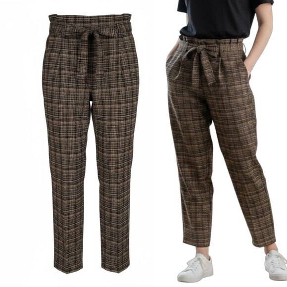 Cato Trouser Dress Pants Size Medium Brown Tan Plaid Belted Tapered High Rise - Picture 1 of 11